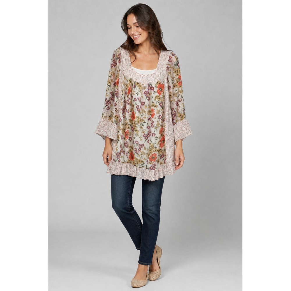 Jovovich Hawk for Target Tunic Dress Womens Large White Floral Polka Dot‎ Boho